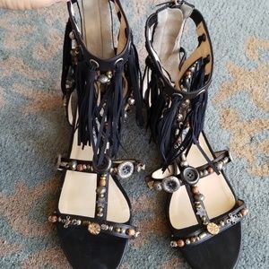 Black leather Jimmy Choo Sandals w/ Fringe, beads!